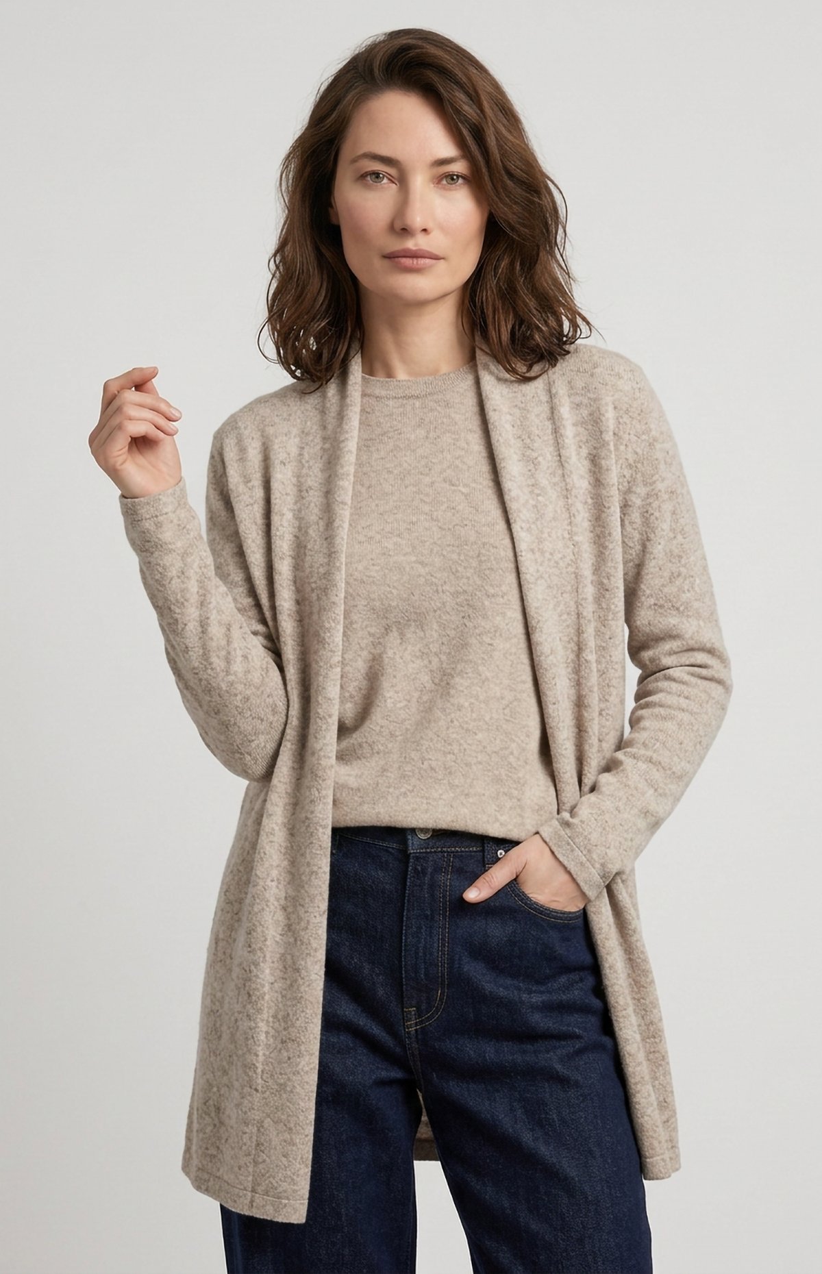 Cardigan lungo aperto in cashmere
