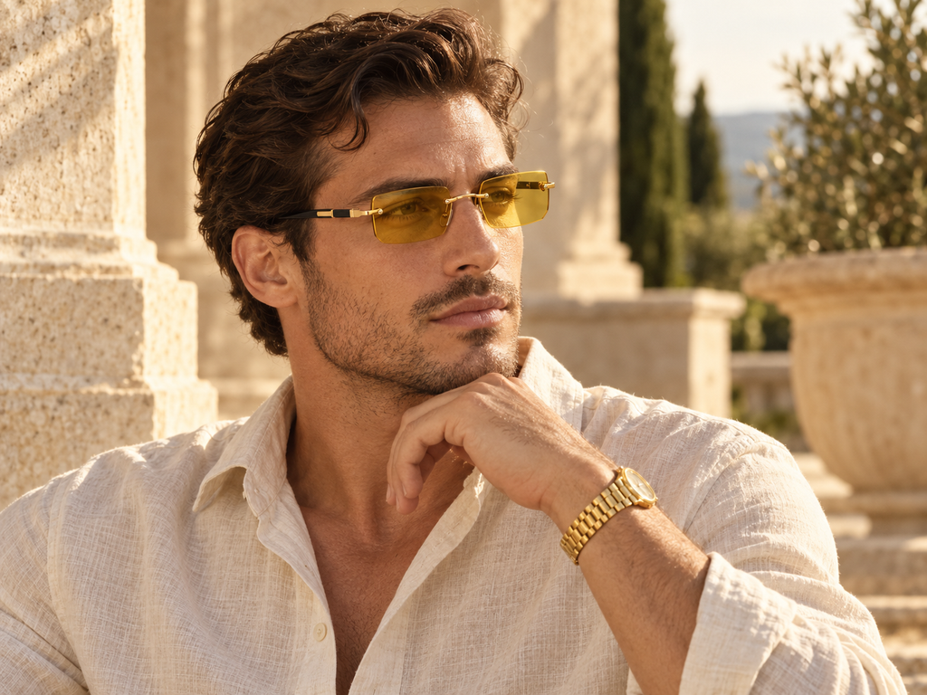 Male model wearing VORENIE Ombra Slim 02 Yellow sunglasses