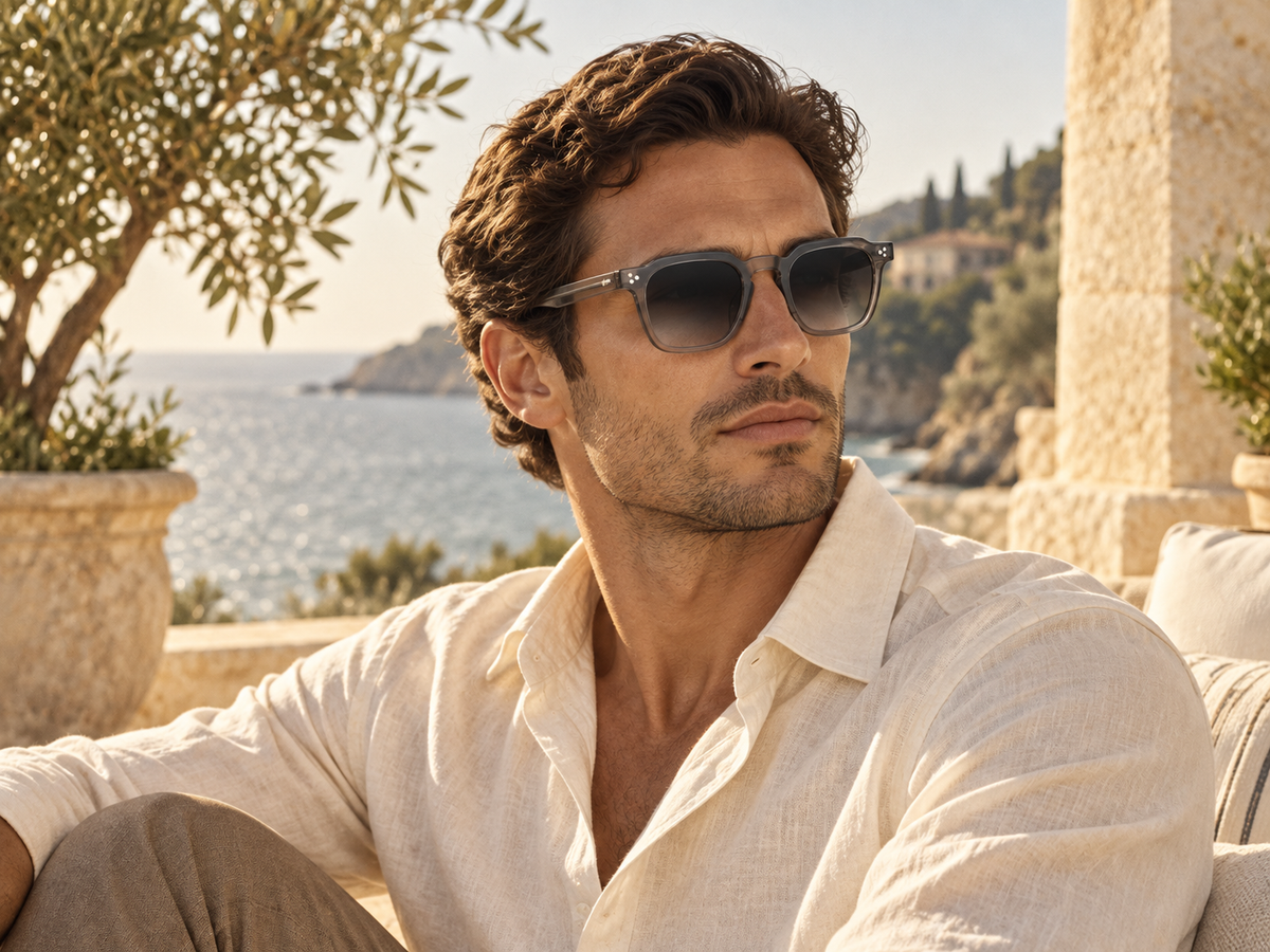 Male model wearing VORENIE Ravello Grey sunglasses